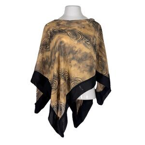 Y2K Sheer Poncho Top Abstract Swirl Brown Black Asymmetrical Shawl Boho Festival